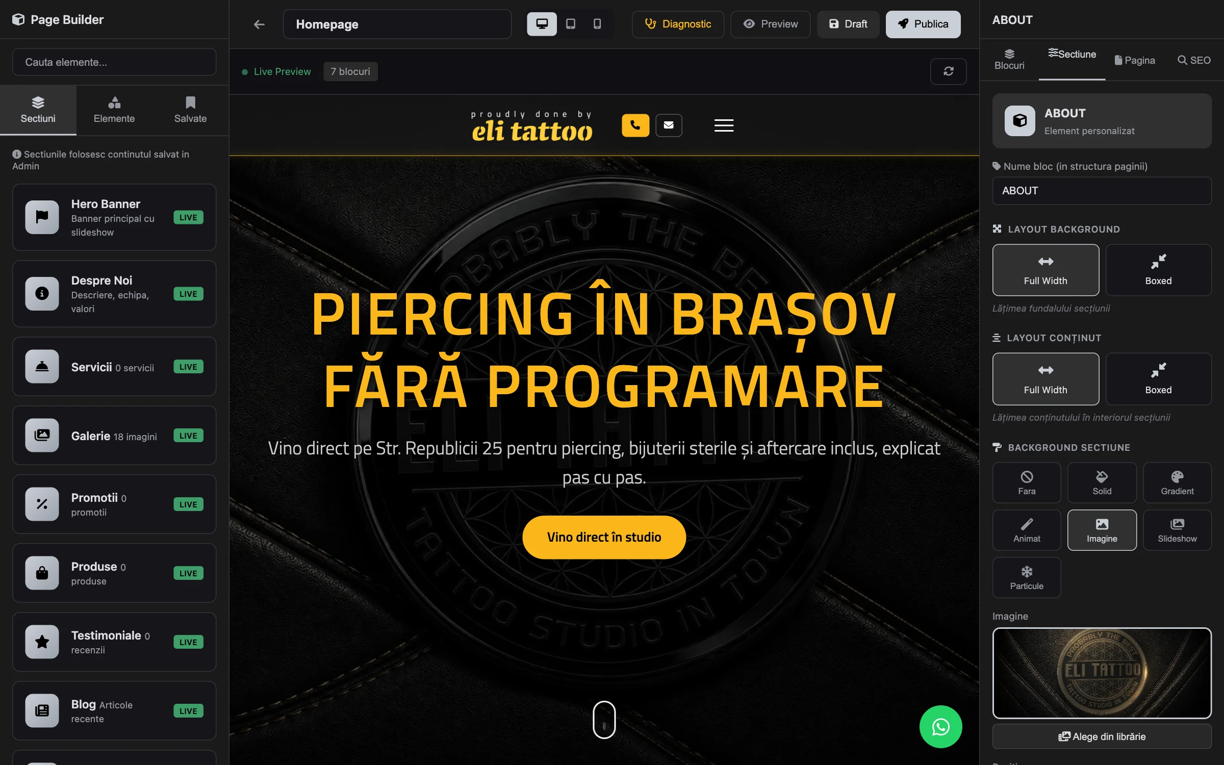Editorul vizual CanvaLith, cu un site în lucru